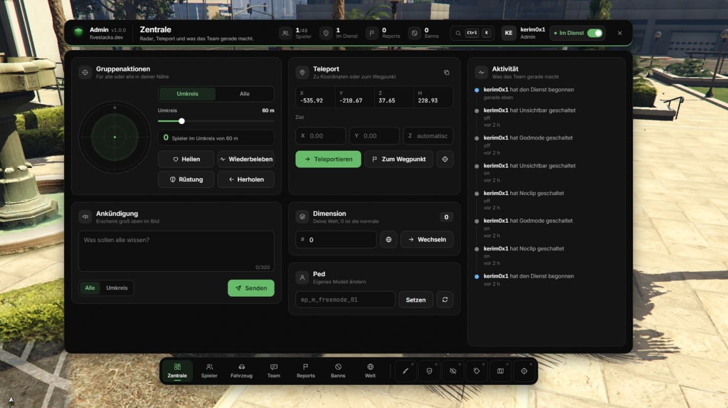 The admin menu in game: the bar with live numbers, search and the duty switch, the control room with radar, teleport and activity feed, and the dock with pages and modes
