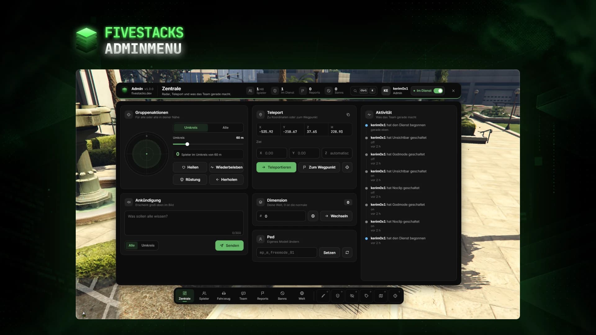 The admin menu on the control room page, shown in German: live numbers and the duty switch in the top bar, group actions, teleport, announcement, dimension and ped panels, the team activity feed and the dock at the bottom