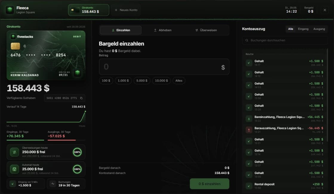 The bank menu in game: account tabs on top, bank card, balance curve and daily limits on the left, the deposit form in the middle, the statement on the right