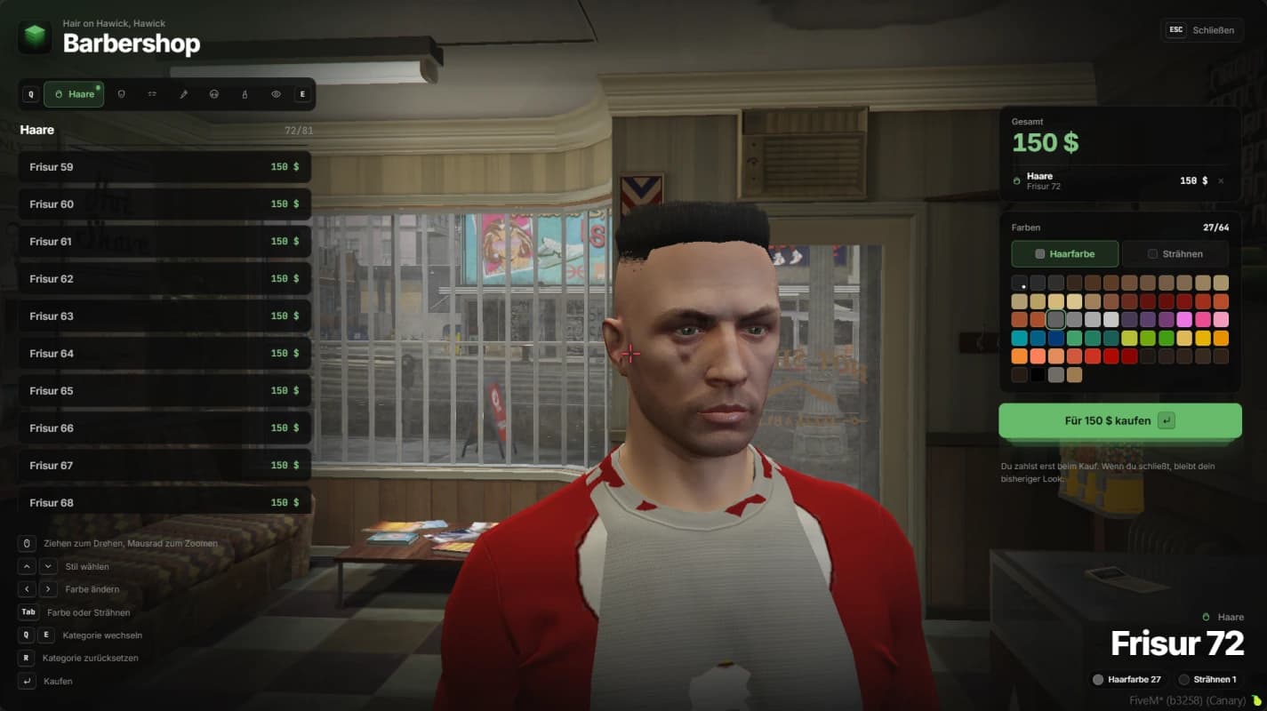 The barbershop menu in game: category tabs and hairstyle list on the left, the character in the middle, basket, color swatches and buy button on the right