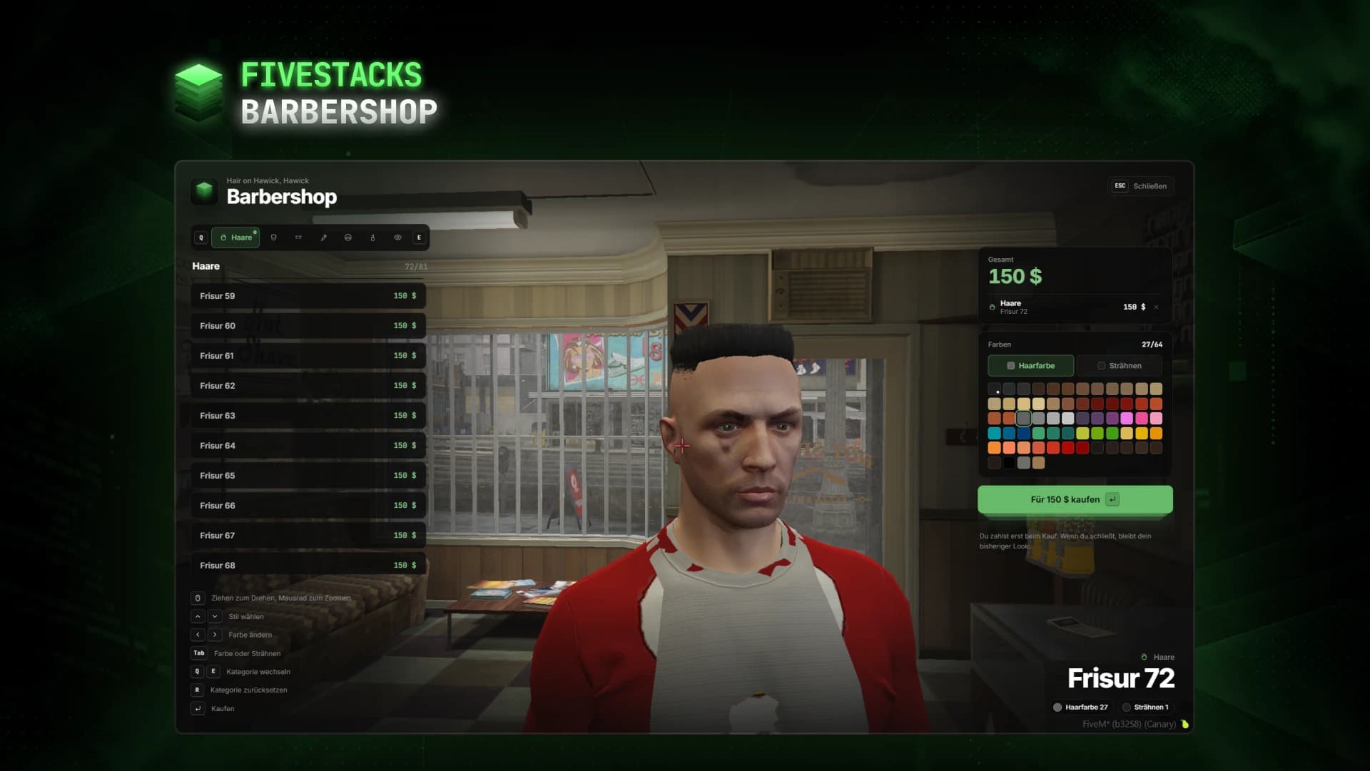 The barbershop menu in German at Hair on Hawick: hairstyle list on the left, the player's character in the middle, basket, hair colors and buy button on the right