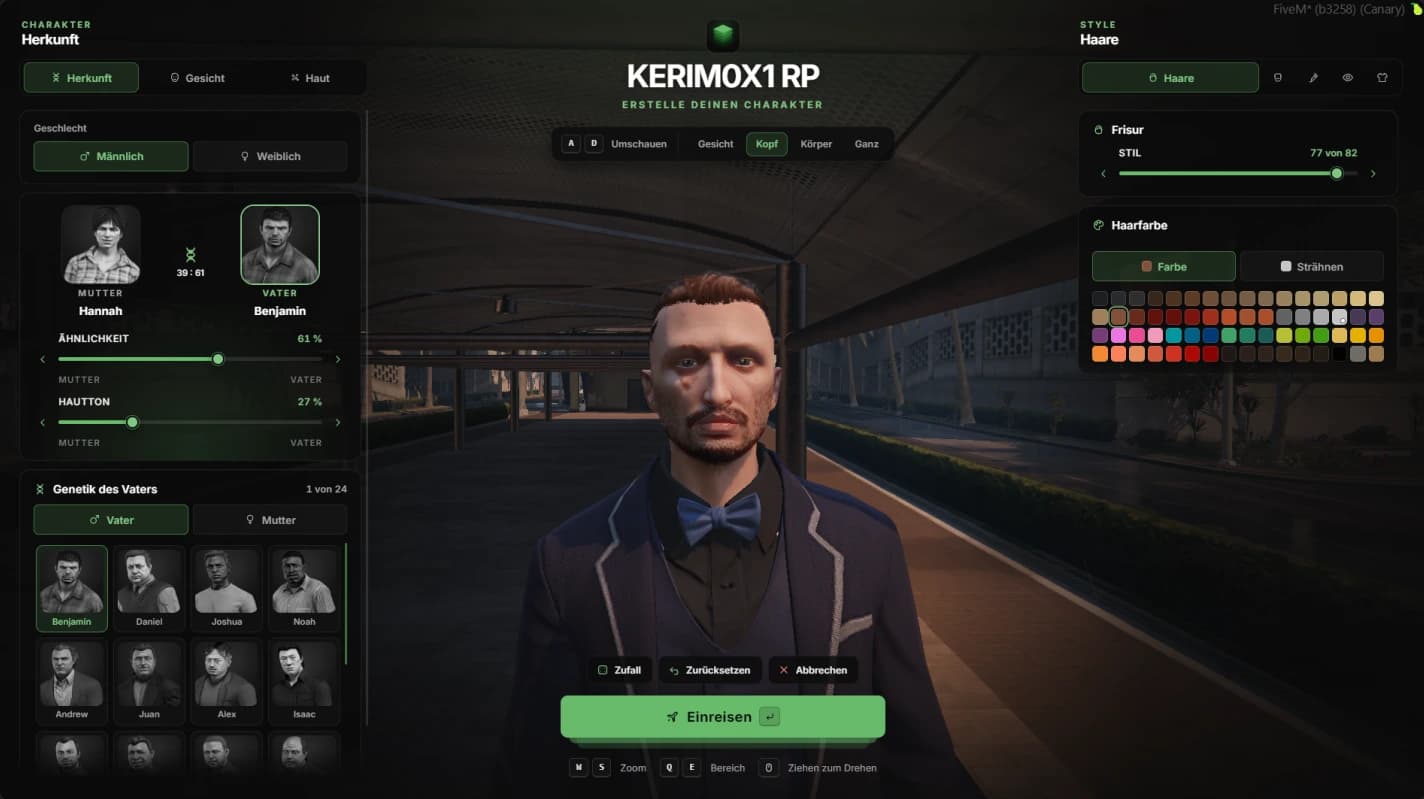 The character creator in game with a German UI: heritage tabs, parents and sliders on the left, the server title and camera views on top, the character in the middle, style tabs and hair colors on the right, the enter button at the bottom