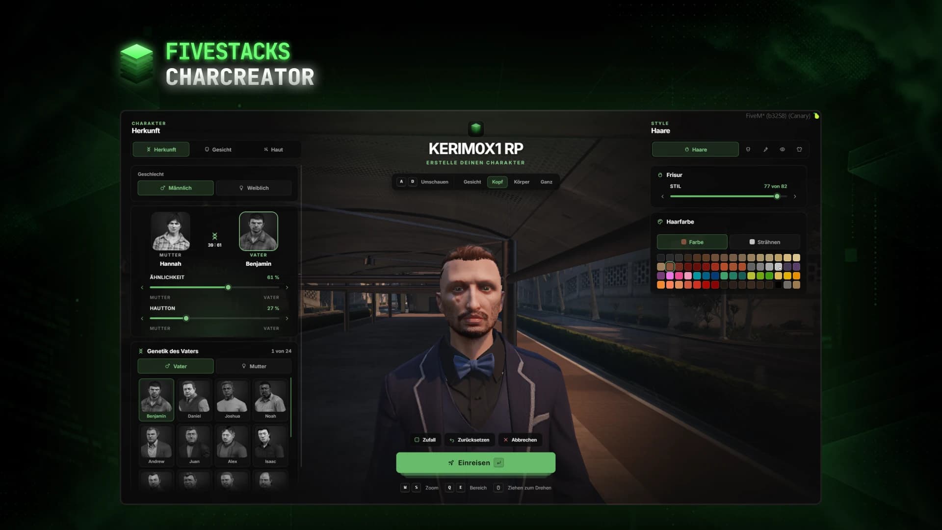The character creator in game with a German UI: heritage with parent portraits and sliders on the left, the character in the middle, hairstyle and hair colors on the right, the enter button at the bottom