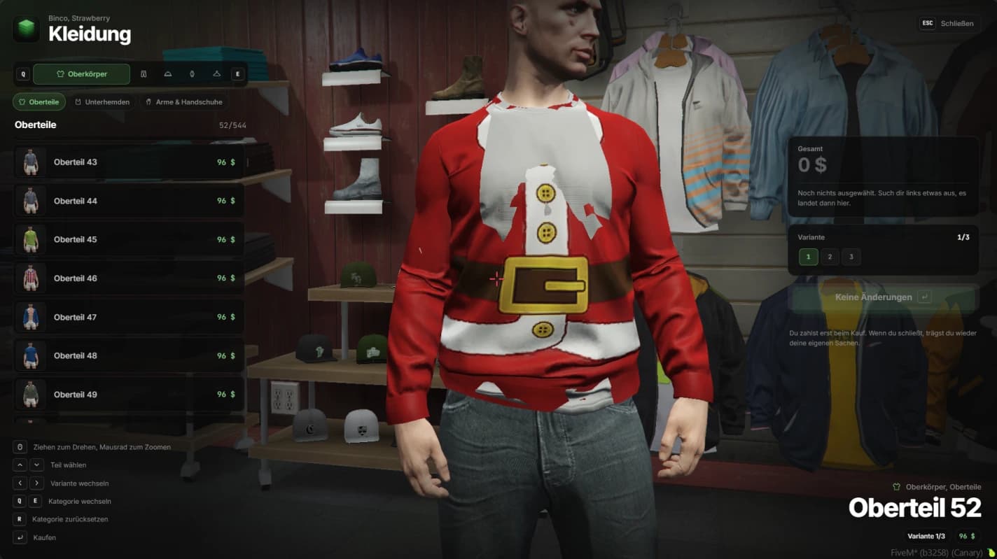 The clothing store menu in game: group and category tabs and the item list on the left, the character in the middle, total, variants and buy button on the right