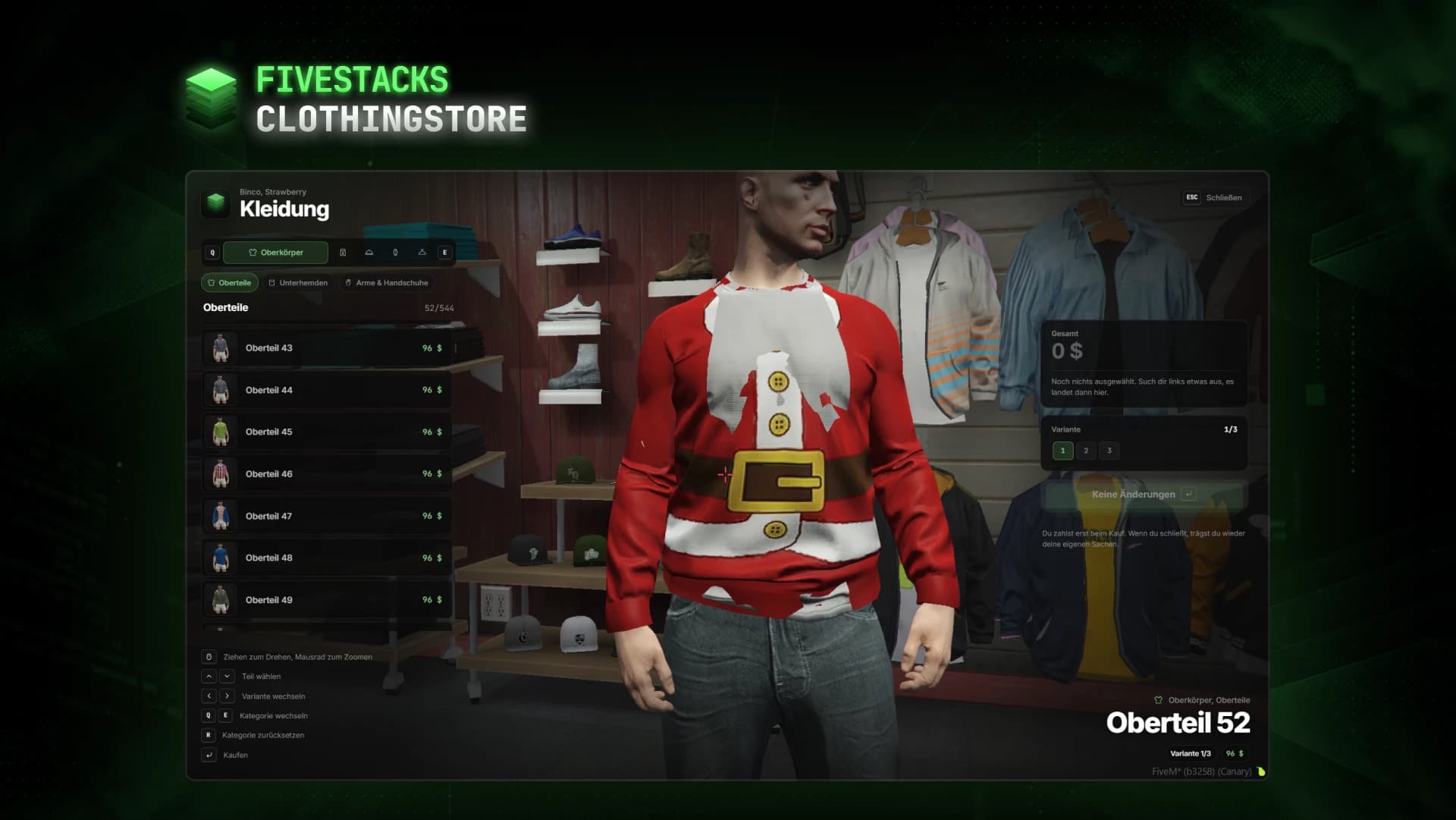The clothing store in game: group tabs and the item list with prices on the left, the player's character in a red top in the middle, total, color variants and buy button on the right