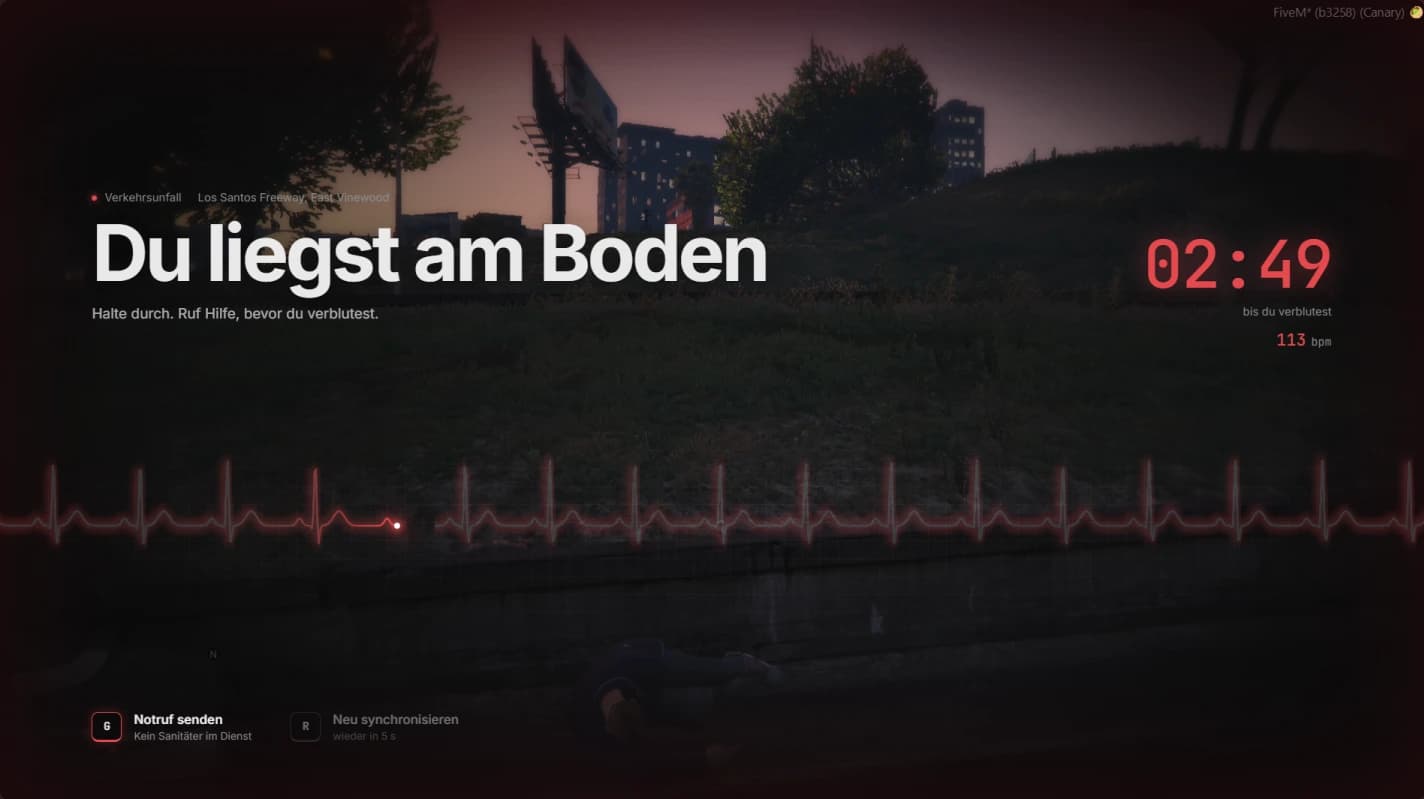 The death screen in game, in German: cause of death and street above the title, the bleed out timer and pulse on the right, the ECG line across the middle, the call for help and resync keys at the bottom
