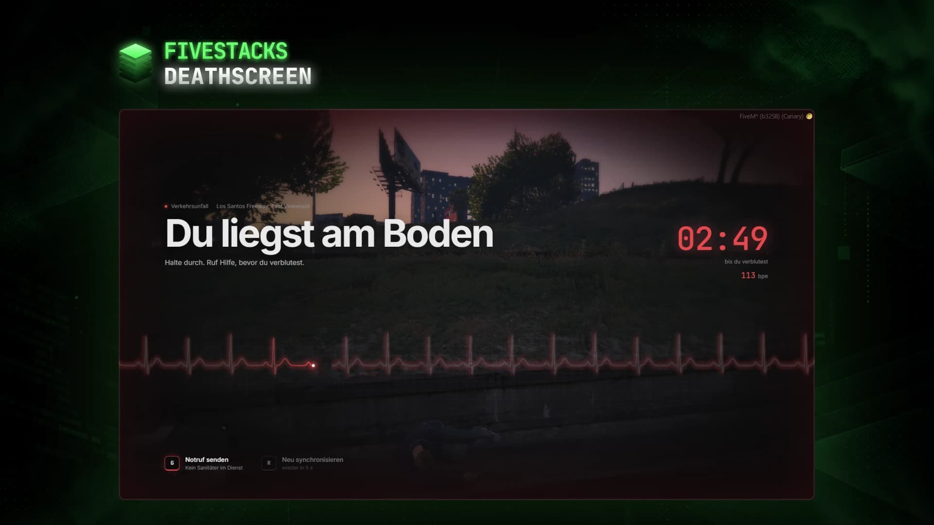 The death screen in game, in German, while the player is down: cause and street above the title, a 02:49 bleed out timer and 113 bpm on the right, a red ECG line across the middle and the call for help and resync keys at the bottom