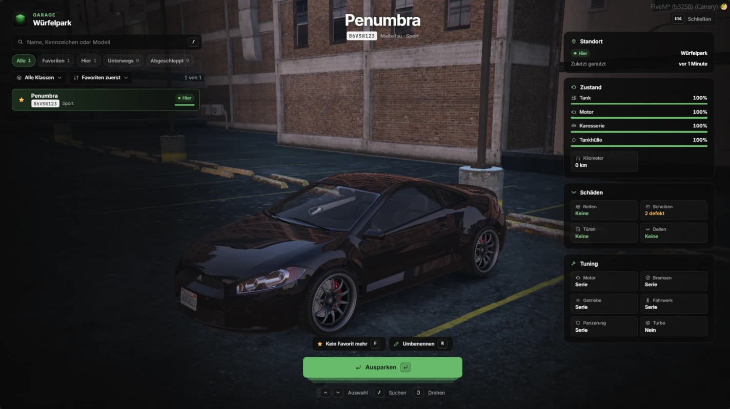 The garage page in game, in German: search, filter chips and the vehicle list on the left, the Penumbra in the middle with favorite, rename and take out buttons below, location, condition, damage and tuning on the right