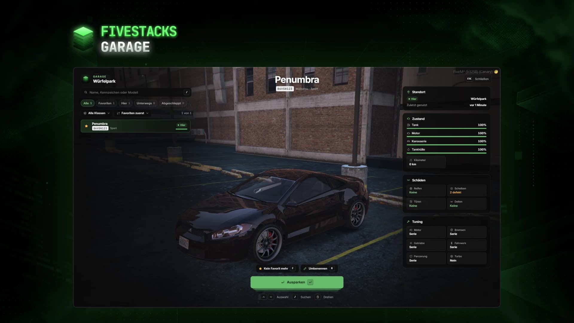 The garage page in game, in German: search, filters and the vehicle list on the left, a black Penumbra on its parking spot in the middle, location, condition, damage and tuning on the right