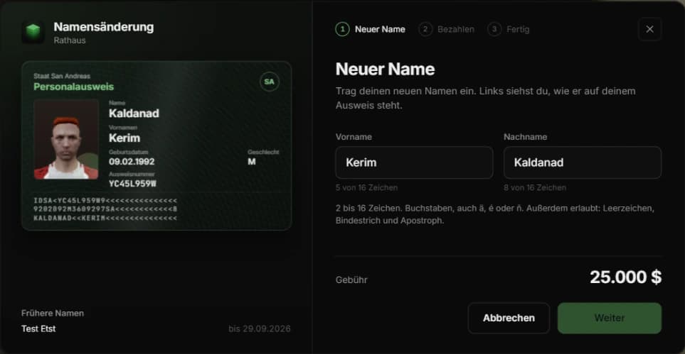 The name change menu in game: ID card and earlier names on the left, steps, name fields, rules, fee and continue button on the right