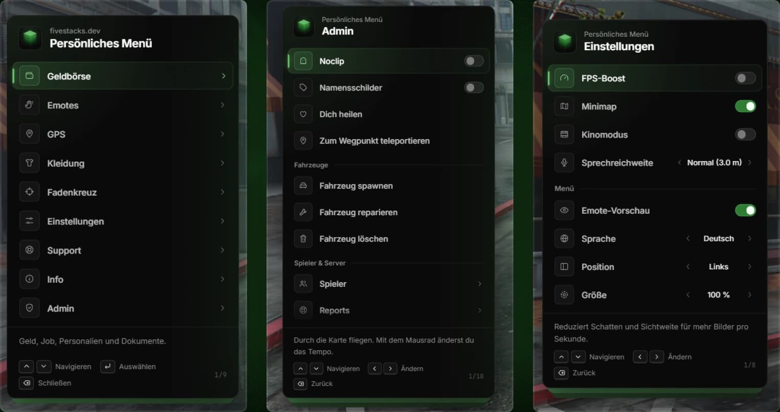 The personal menu in game, in German: main menu on the left, admin page in the middle, settings on the right