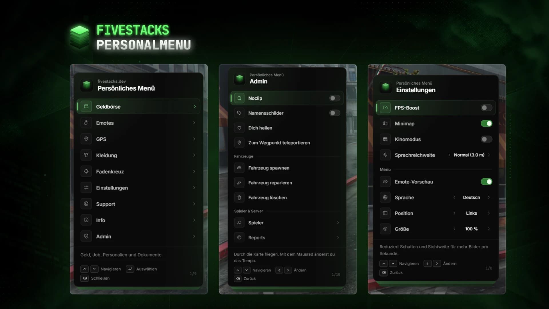 Three pages of the personal menu in German: the main menu with wallet, emotes and GPS, the admin page with noclip and vehicle tools, and the settings page