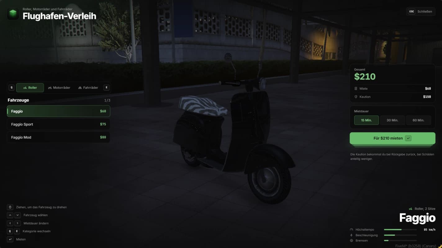 The rental menu in game: category tabs and vehicle list on the left, the scooter in the middle, total, duration and rent button on the right