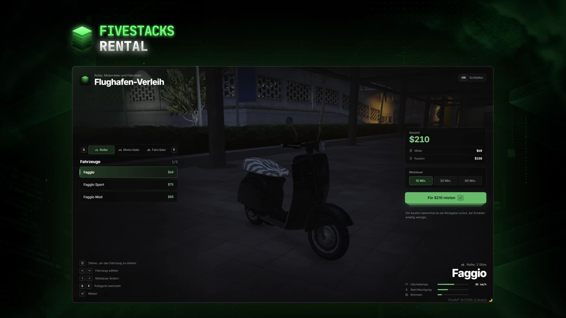 The rental menu: vehicle list on the left, a Faggio scooter turning in the middle, price, deposit and rental duration on the right
