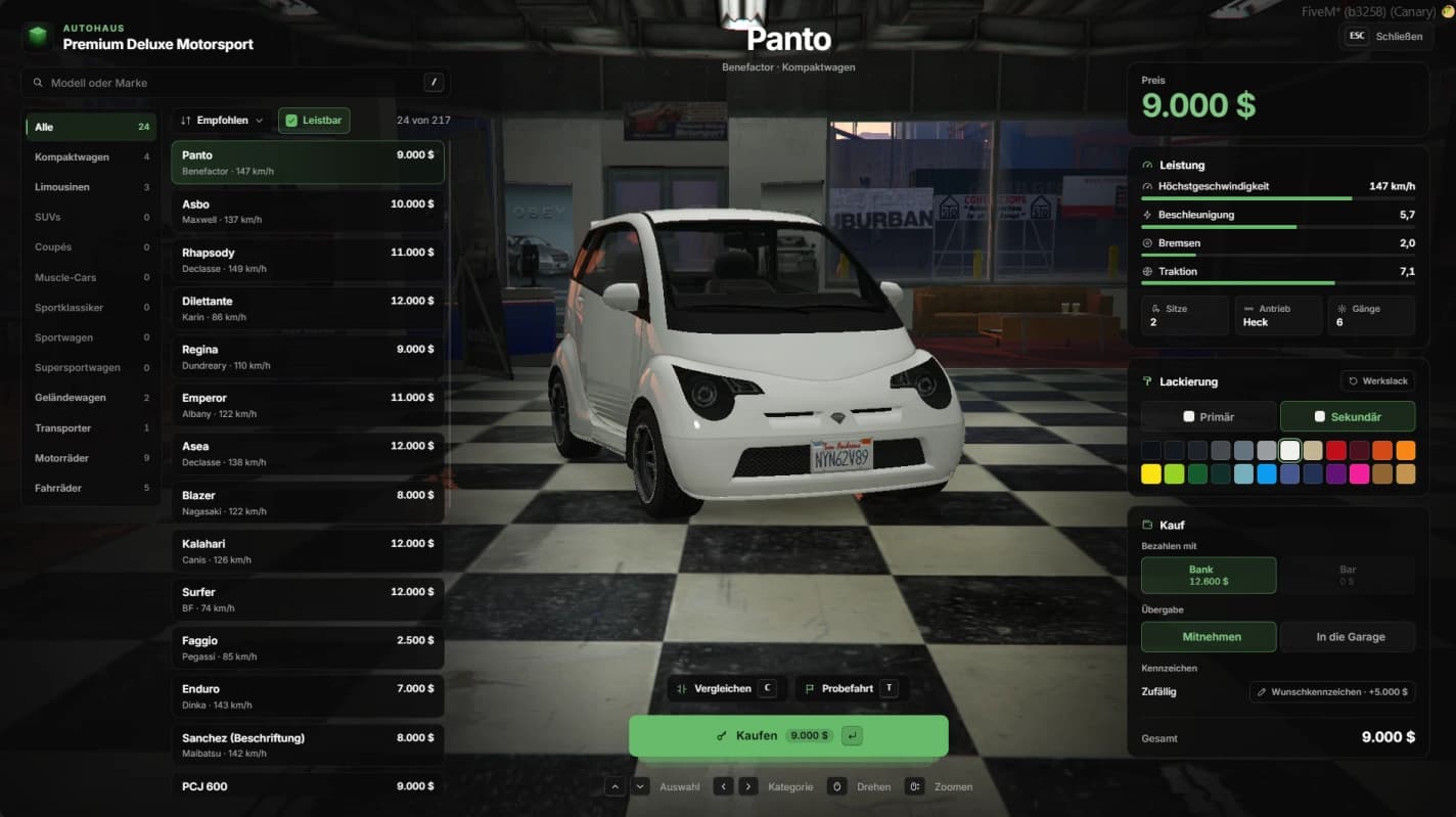 The dealership in game with a German UI: categories, sorting and the vehicle list on the left, the car in the showroom with compare, test drive and buy buttons in the middle, price, performance, paint and purchase on the right