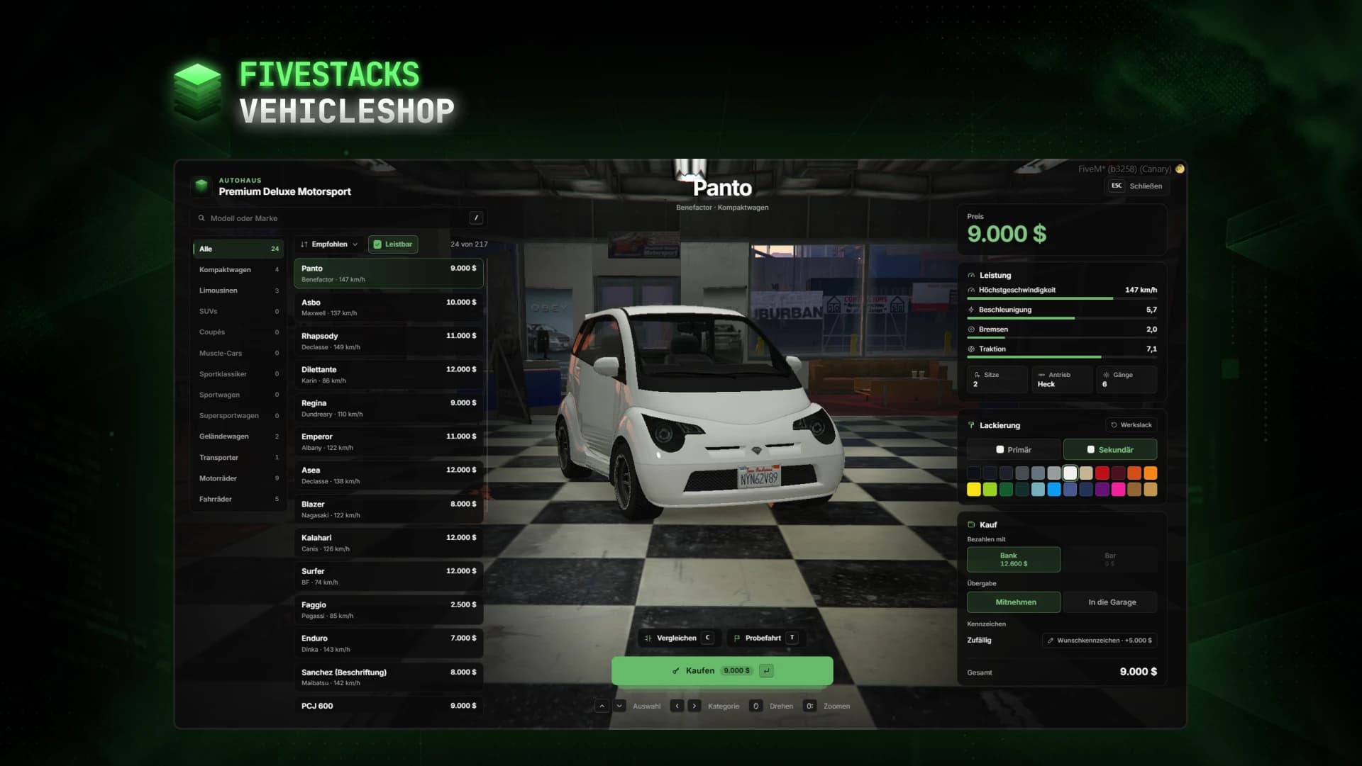 The dealership with a German UI: categories and the vehicle list on the left, a white Panto in the showroom in the middle, price, performance, paint and purchase on the right